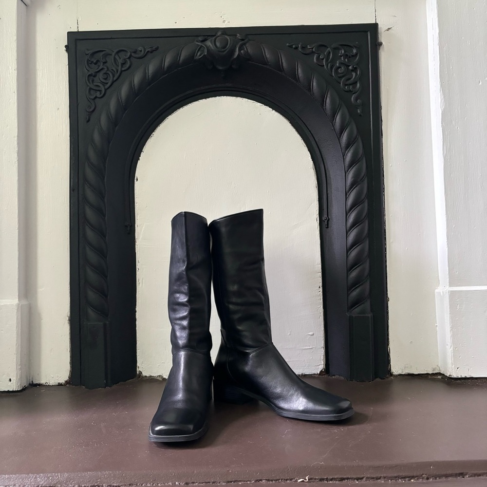 Women's Vintage square toe Black Leather Boots
